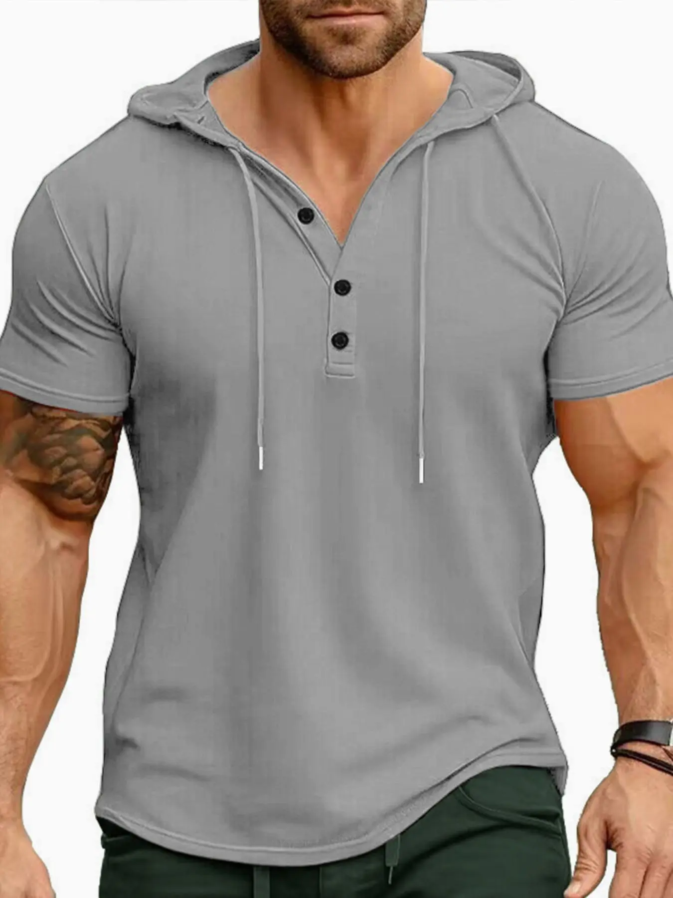 Men's Solid Button Front Drawstring Hooded Tee, Loose Casual Short Sleeve T-Shirt for Summer, Men's Top for Daily Wear