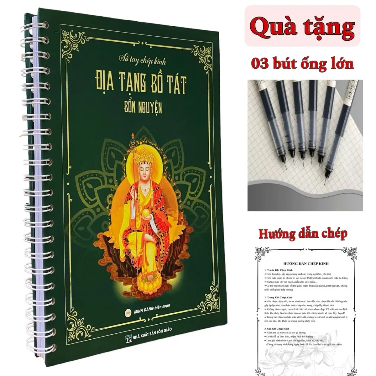 (BẢN NÂNG CẤP) Trọn bộ chép Kinh Địa Tạng chữ mờ khổ lớn - Bìa cứng dày 2mm - Bản chính thống NXB Tôn Giáo - Kèm 03 bút chuyên chép Kinh (Đầy đủ toàn bộ nghi thức khấn nguyện) sách
