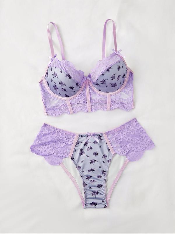 Women's Contrast Floral Lace Bow Front Underwire Bra & Panty Set, Romantic Adjustable Strap Push Up Bra & Panty Set, Soft Comfy Breathable Underwear Set for Women 2