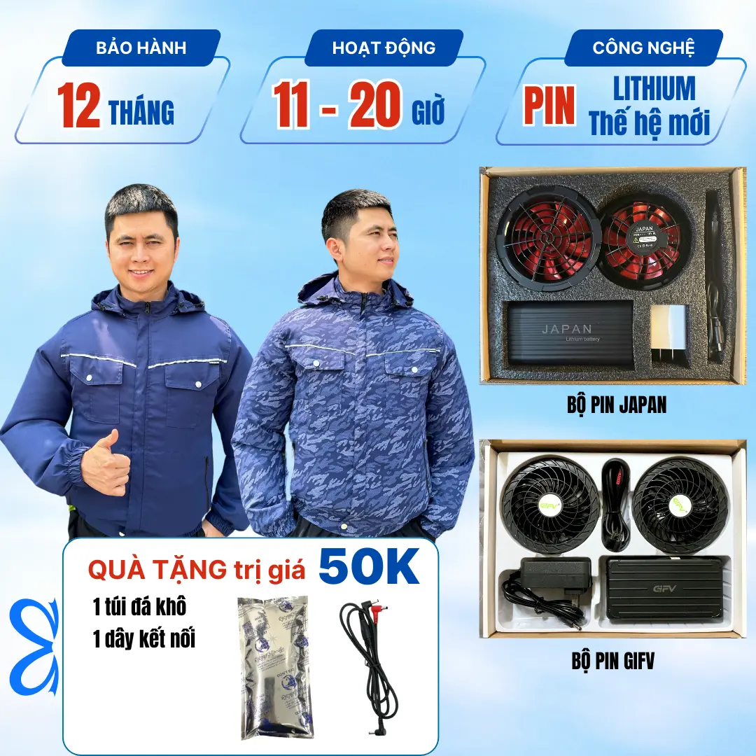 COMBO 2 ÁO + 1 BỘ PHỤ KIỆN - Áo Nắng Điều Hòa 12-18V, Pin Bền Bỉ, Dung lượng cao sử dụng lên tới 20 tiếng, Quạt không chổi than, làm mát, bảo vệ sức khỏe nam,nữ người lao động ngoài trời nắng