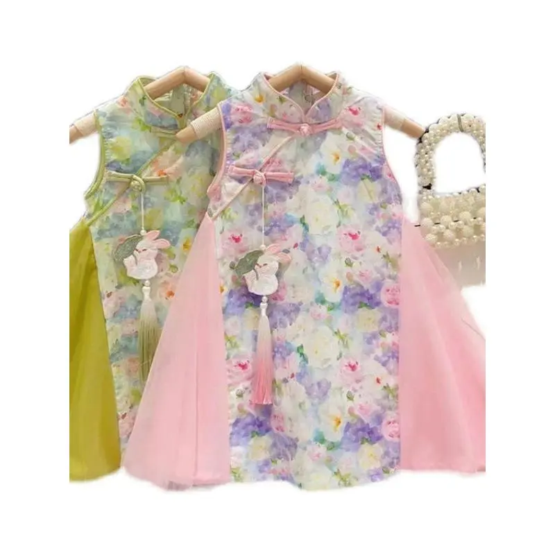 Dress Anak Perempuan Import Model Cheongsam Bunga Rabbit Brokat Tutu Kerah Tinggi Fashionable 6