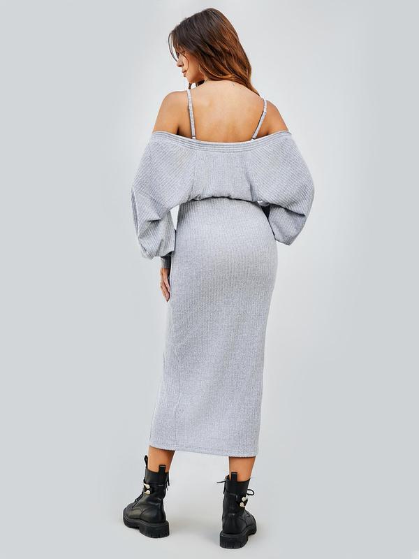 Two-Piece Set Women's Solid Co-ord Set, Split Thigh Knit Cami Dress & Bishop Sleeve Open Front Crop Top Set, Women's Clothing for Spring & Fall 1