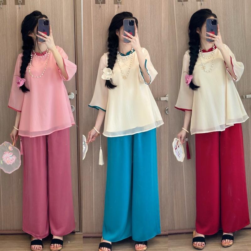 Set Áo Tơ Babydoll Cổ Trụ Viền