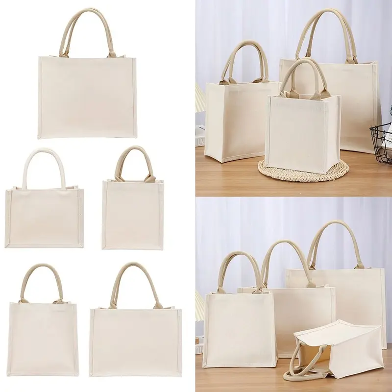 Túi Vải Bố Vẽ Tay, Có Thể Tái Sử Dụng, Màu Be, Có Thể Gập Lại, Bao Tote Trống, Thích Hợp Đi Lại Hàng Ngày, Dung Tích Lớn, Lý Tưởng Để Mua Sắm, Tự Làm 0