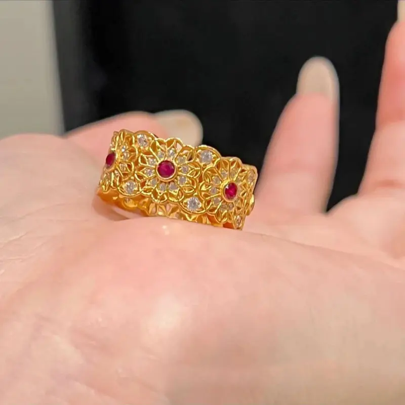 French Style Vintage Court Style Geometric Ring Hollow Lace Micro-Inlaid Zircon Ring New High-Grade Chic Ring