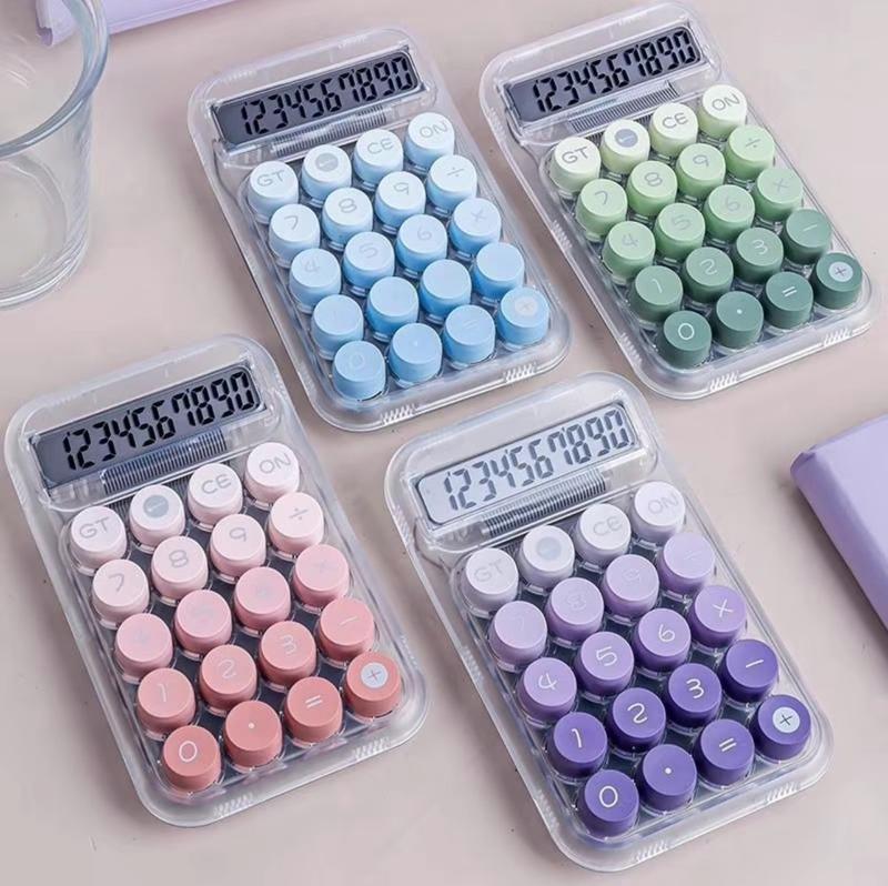 เครื่องคิดเลขโปร่งใส ปุ่มสีพาสเทล คีย์บอร์ดแบบกลม ขนาดเล็กสามารถพกพาได้ง่าย ปุ่มกลม 0