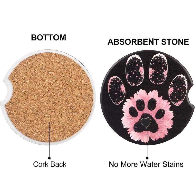 TikTok Shop 2 count Funny Car Coasters Black Absorbent Ceramic Car Coasters Auto Drink Coasters Cute Car Coasters Flower Paw Print Car Coasters Dog Car Cup Coaster Set Cupholder Automobile Coasters