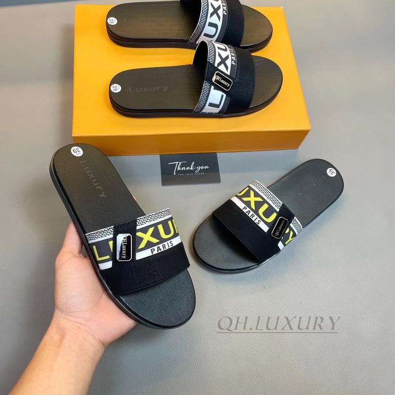 [ khâu đế chắc chắn ] Dép nam đẹp quai chéo  chữ Luxury đế cao su trống trơn trượt , quai da phối thêm dù đẹp rửa thoải mái DéP Dép Lê Slipper Nam Đế Bằng Đồng