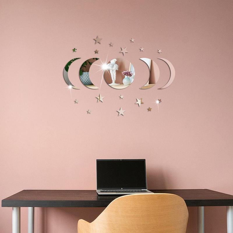 Star & Moon Pattern Mirror Decorative Wall Tiles Sticker, 1 Set Self Adhesive Wall Decor, Decor Sticker for Home Bedroom Living Room 6