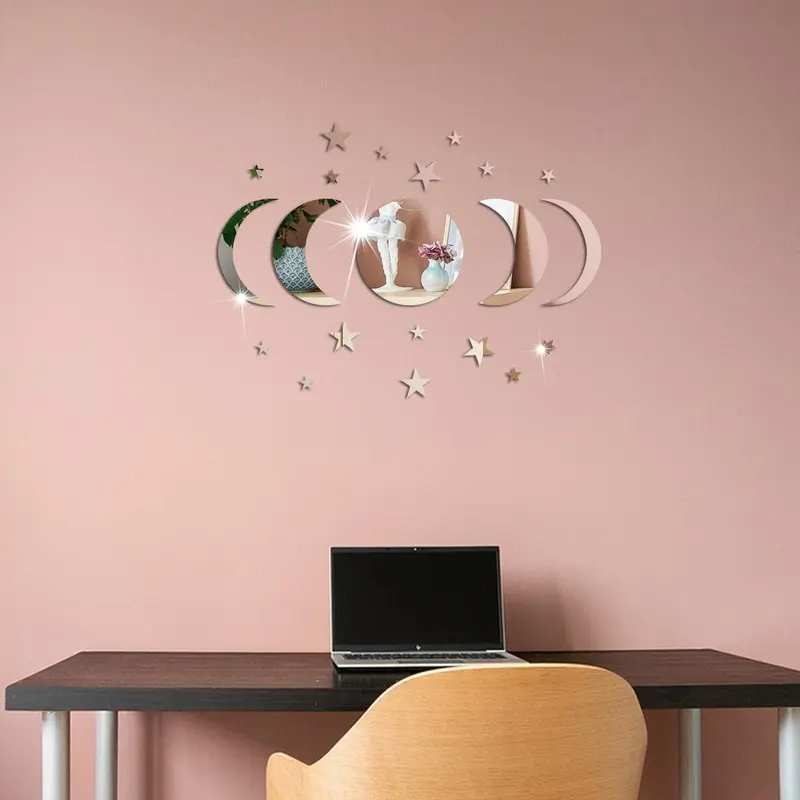 Star & Moon Pattern Mirror Decorative Wall Tiles Sticker, 1 Set Self Adhesive Wall Decor, Decor Sticker for Home Bedroom Living Room 6