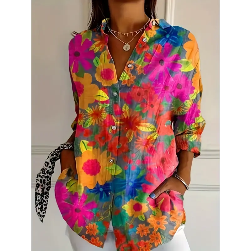 Women'S Vibrant Floral Print Long Sleeve Casual Button-Up Shirt with Lapel Collar - Lightweight Polyester, Perfect for Spring & Fall Outings