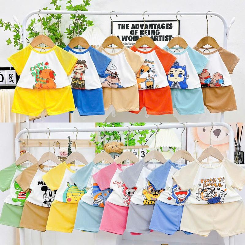 (Flash Sale)-LQ1-COMBO (5 tặng 1) bộ quần áo cộc tay phối màu in họa tiết hoạt hình chất Tăm Lạnh mềm mát cho bé từ 4-16kg (đi màu ngẫu nhiên) 0