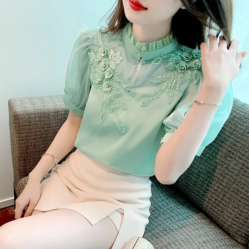 Áo Cánh Ngắn Tay Cho Nữ, Thêu 3D, Đính Cườm, Mới 3