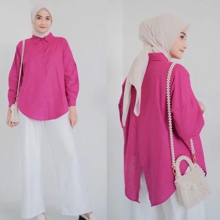Kemeja Linen Wanita Oversize Nelka Shirt Linen Polos Premium Panjang Kancing Katun V-Neck Santai
