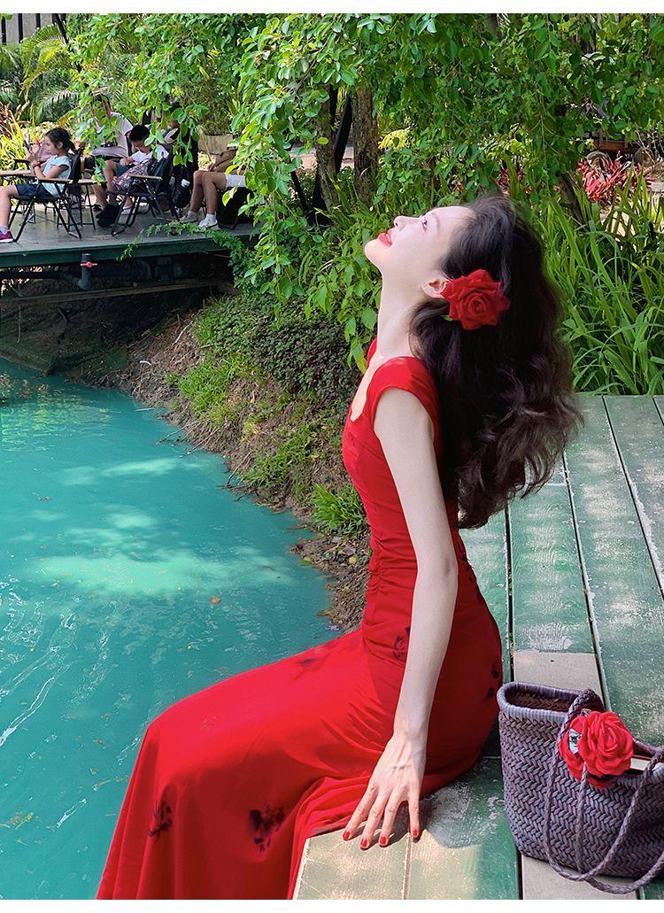 Product Introduction of Váy Hai Dây Vest Cổ Vuông Màu Đỏ Pháp, Đĩa Xanh Ăn, Chiang Mai Hoa Hồng Đỏ, Váy Tiệc Trà Đuôi Cá, Váy Đi Kỳ Nghỉ Cho Nữ, Năm 2025 Dress Women 16