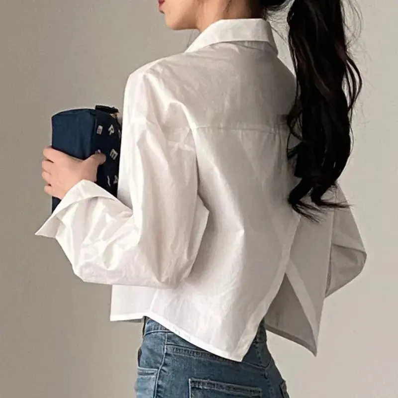 Fashion Short Shirts Women Korean Chic Loose Solid Color Long Sleeve Crop Tops Female Casual Elegant Button Split Turn Down Collar Blouse