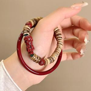 Set Gelang Manik, Coklat Cendana, Rekaan Niche Ins Wanita, Gaya Retro dan Elegan, Barang Kemas Serba guna, Diperbuat daripada Cangkang Kelapa Bangles Bracelets