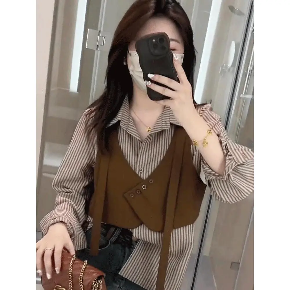 Áo Sơ Mi Sọc Giả Hai Mảnh, Dành Cho Phụ Nữ, Thiết Kế Dáng Rộng Rãi, Áo Dài Tay Mùa Thu Độc Đáo Hàng Mới Về Đầu Mùa Thu 2024, Quần Áo Phụ Nữ Top Women Shirt
