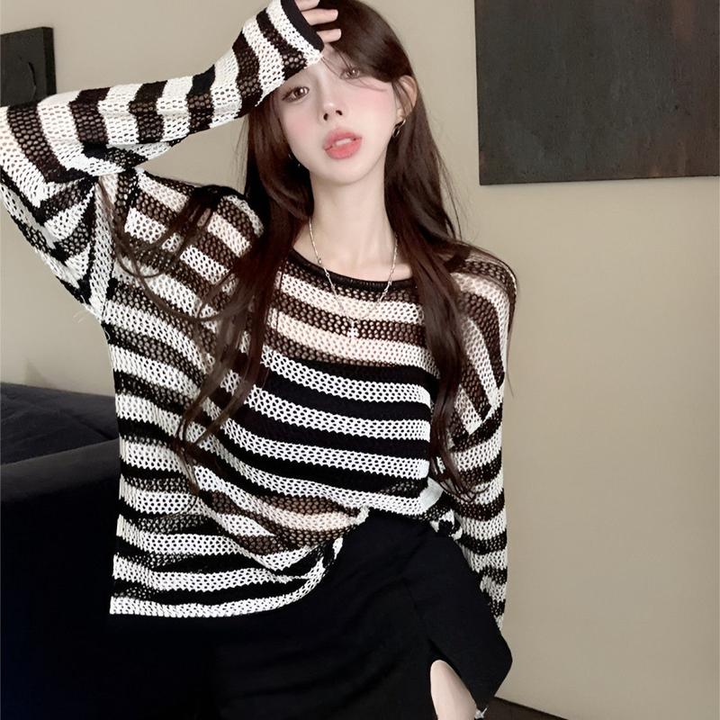 Áo Len Lụa Lạnh Sọc Đen Trắng, Áo Lưới Nữ, Dài Tay, Phong Cách Rộng Rãi Và Lười Biếng, Áo Cánh Chống Nắng, Áo khoét Cô Gái Nóng Bỏng, Bán Chạy, PCs 1