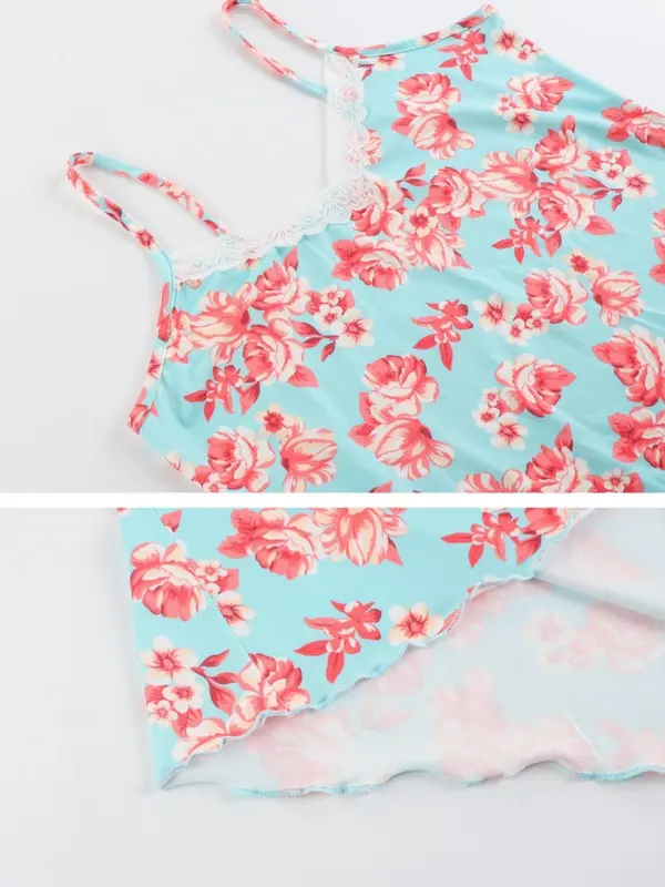Women's All Over Floral Print Belted Long Sleeve Robe & Lace Trim V Neck Cami Nightdress Two-Piece Set, Casual Comfy Loungewear Set for Women, Women's Sleepwear for All Seasons 6