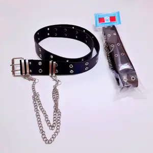 Ikat Pinggang korea style Chain Free Rantai Unisex Belt Fashion Korea Sabuk Gesper Kotak Rantai Besi 2 Layer Hitam Kulit Sintetis Kekinian