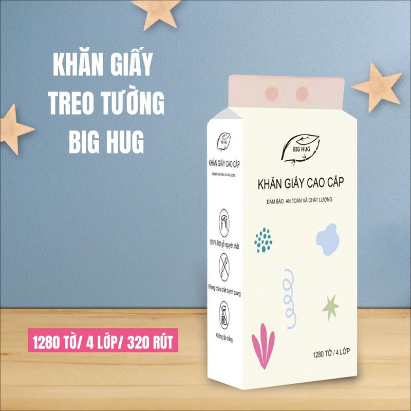 [  Tặng 2 móc treo] . Combo 4 bịch ( 1 thùng )giấy  Khăn giấy rút  Big Hug treo tường  1280 tờ, dập vân 4D, siêu dai và mềm mịn Giấy Vệ Sinh
