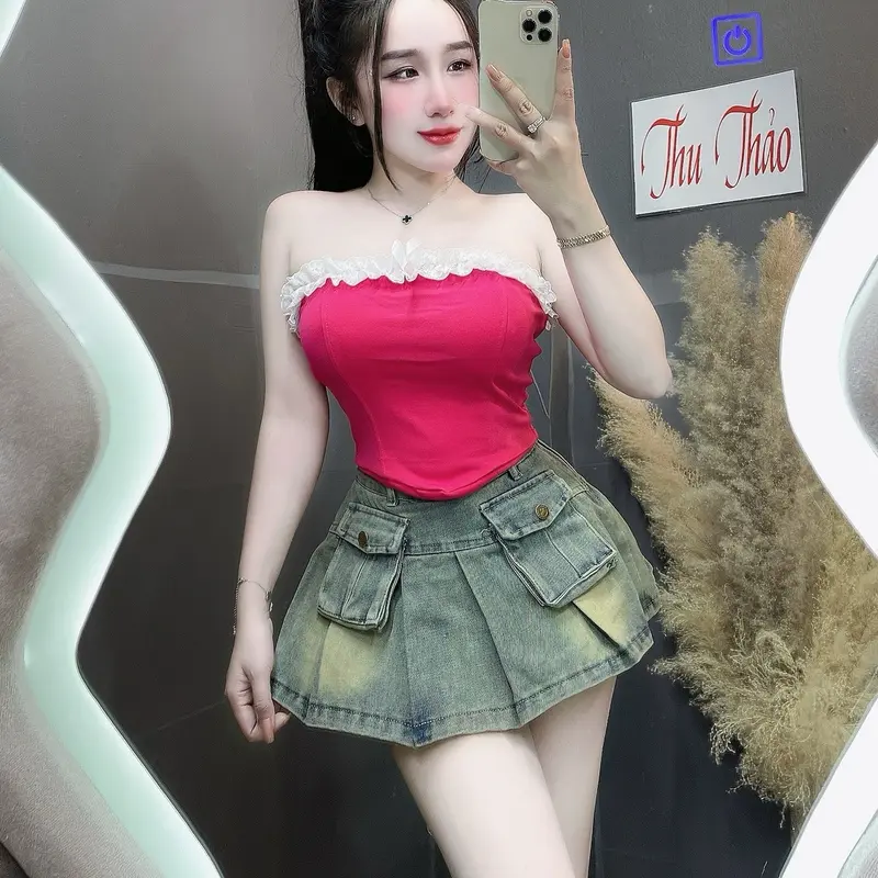 ÁO ỐNG CÚP PHỐI BÈO CÓ KÈM MÚT ĐỆM PHÍA SAU ĐI DÂY KHOÁ Nữ FOM CROPTOP DƯỚI 52kg 3