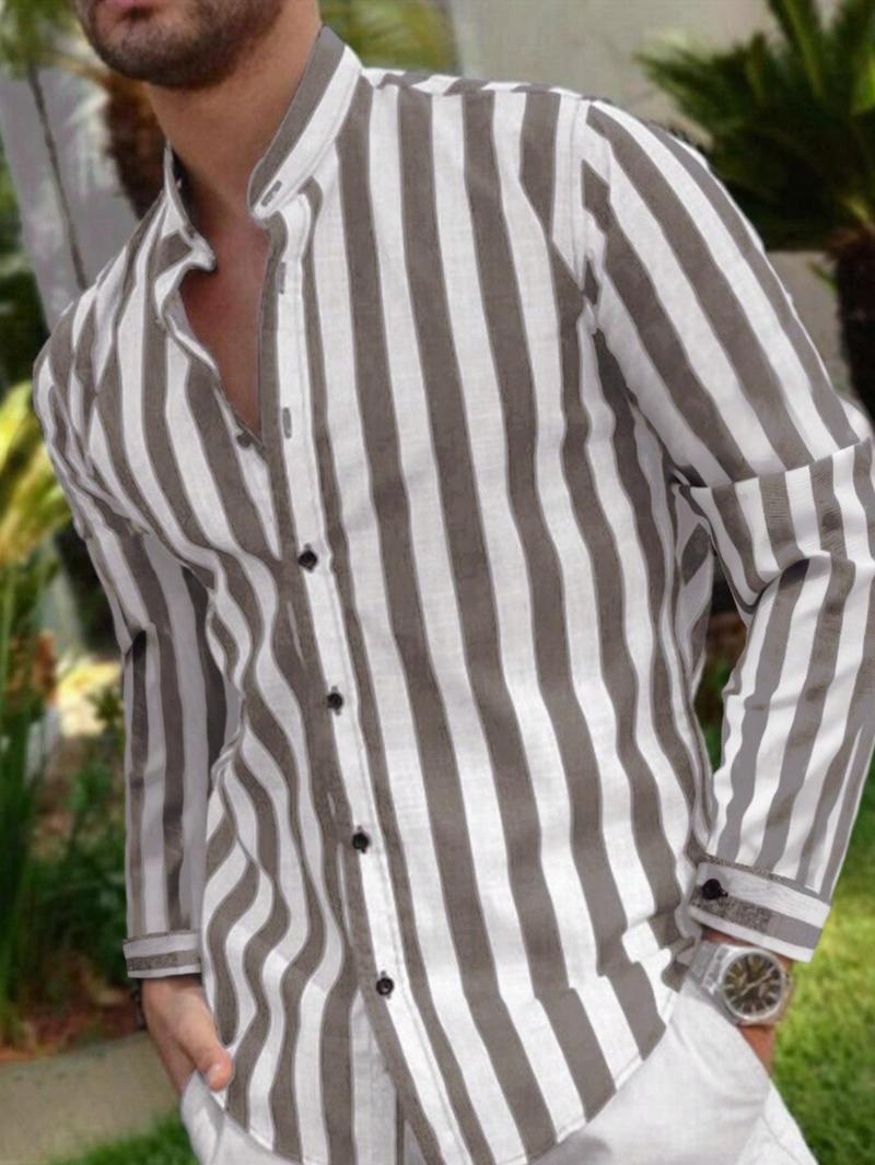 Product Introduction of Men's Striped Print Button Up Shirt, Regular Fit Casual Long Sleeve Collared Top for Spring & Fall, Fashion Men's Clothes for Beach Vacation 1