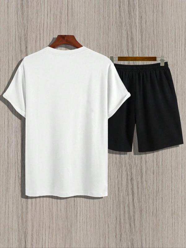 Men's Plus Size Letter Print Short Sleeve Tee & Pocket Shorts Set, Regular Fit Round Neck T-Shirt & Track Shorts, Casual Fashion Cozy Breathable Men Two-Piece Outfits For Summer 4