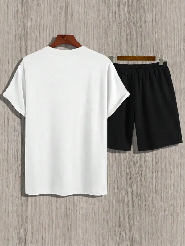 Men's Plus Size Letter Print Short Sleeve Tee & Pocket Shorts Set, Regular Fit Round Neck T-Shirt & Track Shorts, Casual Fashion Cozy Breathable Men Two-Piece Outfits For Summer, Clothes 4