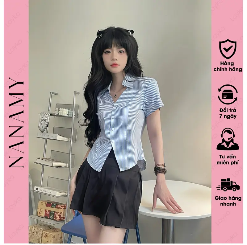 Áo sơ mi ngắn tay nữ thiết kế kẻ sọc, chất liệu mềm mịn,ít nhăn,thoáng mát NANAMY trendy SMX32 Women Top 1