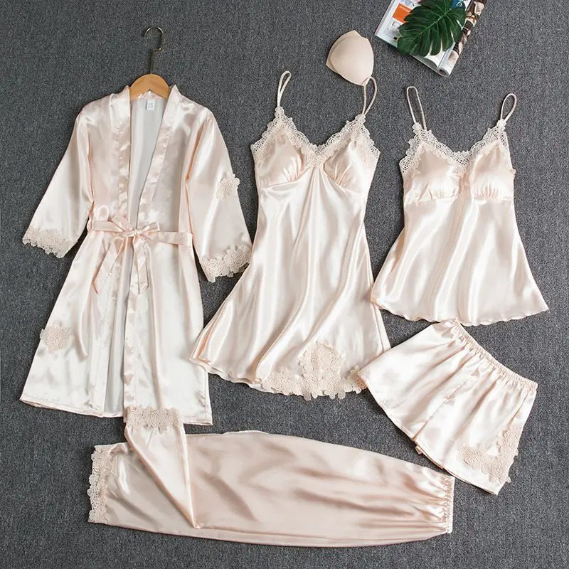 Women's Five-Piece Pajamas with Chest Pad for Spring, Autumn and Summer Women's Silk Pajamas Sexy Suspender Dress Long Sleeve Nightgown Home Wear