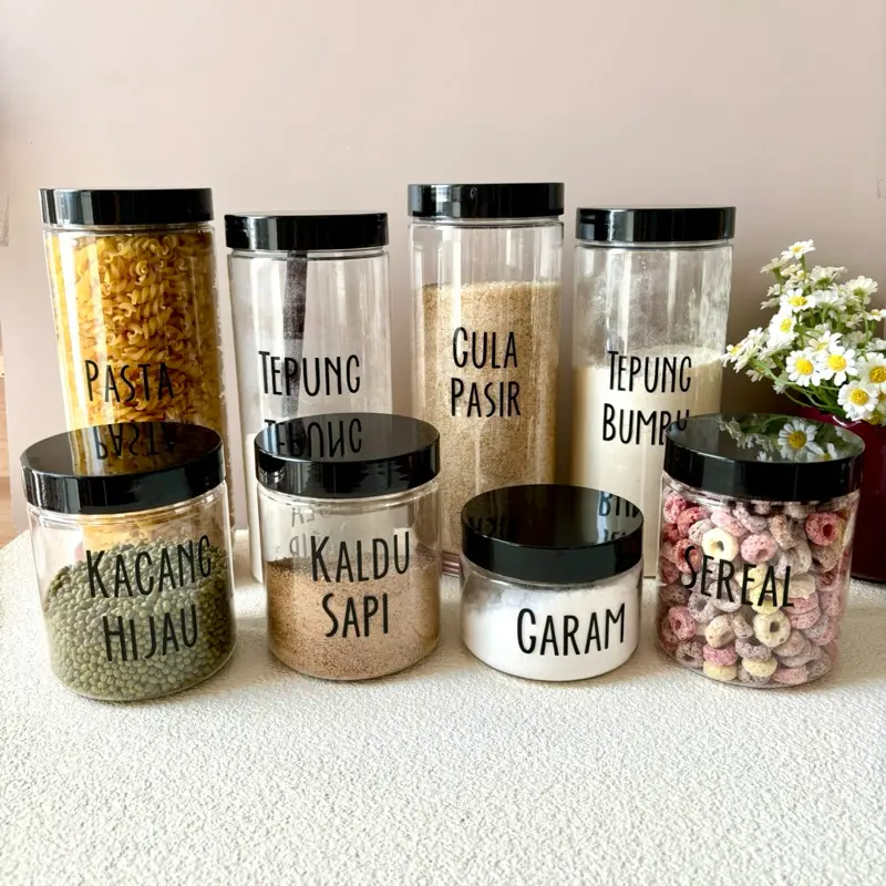 Toples Bumbu Dapur Tutup Hitam Bahan Plastik Toples Serbaguna Free Stiker Cutting Anti air (EA Htm) 3