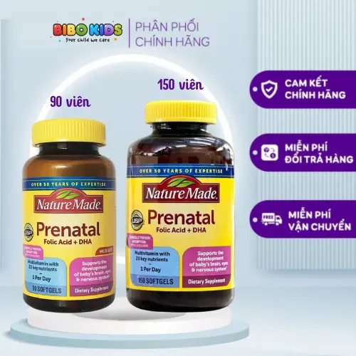 Vitamin Tổng Hợp cho Mẹ Bầu và Cho Con Bú Prenatal Axit folic + DHA Nature Made  150 Viên - Men Vi Sinh
