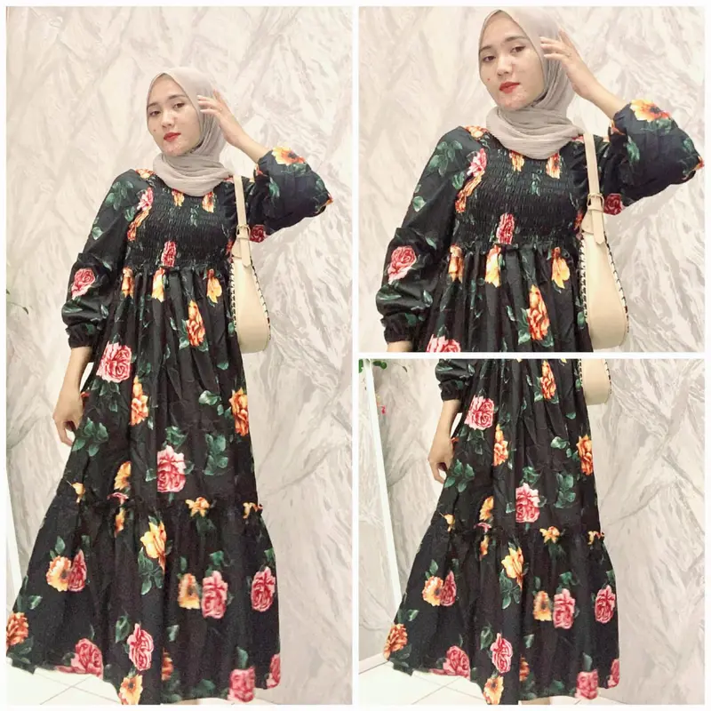 BEFA - Long Dress Andini Smock Sabrina Motif Kekinia Bahan Katun Mikro Casual Wanita Midi Panjang 6