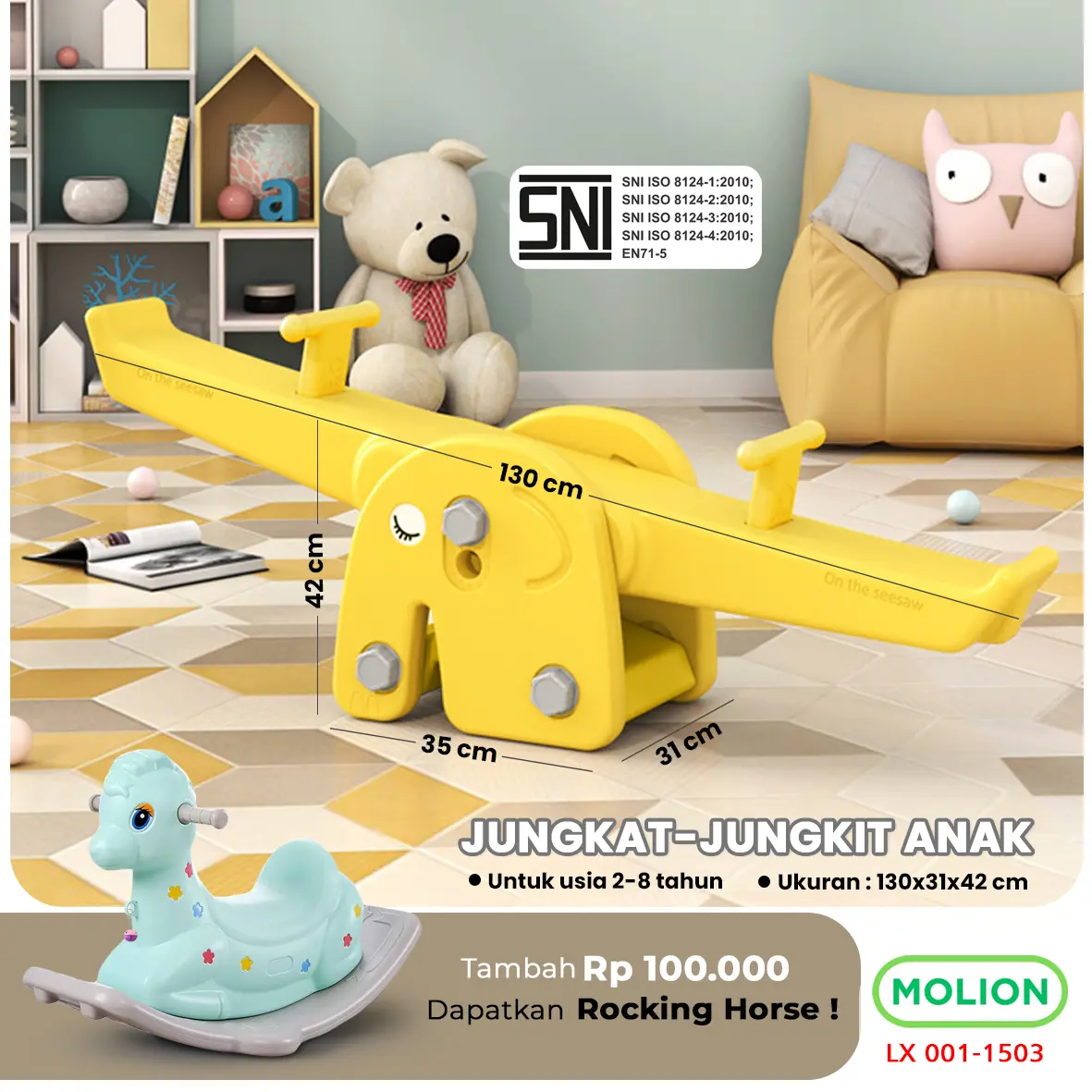 MOLION SNI Jungkat-Jungkit Rocking Horse Perosotan Seesaw Mainan Anak Kuda Kudaan Jungkat Jungkit Karakter Berstandar 001-M1503