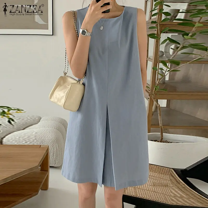 ZANZEA Korean Style Women Plain Sleeveless Shift Dress Round Neck Casual Cute Mini Dresses（Overseas logistics）
