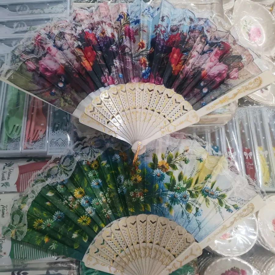 GROSIR RANDOM Kipas tangan kipas lipat kipas kain kipas jepang - warna warni Plastik