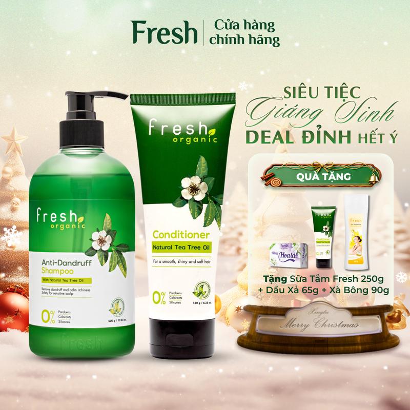 Combo Dầu Gội Và Dầu Xả FRESH ORGANIC Anti Dandruff Chiết Xuất Tràm Trà Hỗ Trợ Giảm Gàu Ngứa An Toàn Cho Da Nhạy Cảm