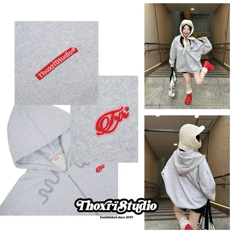 Áo khoác Hoodie zip MINI THOXRI - nỉ chân cua - mũ to - có túi trong