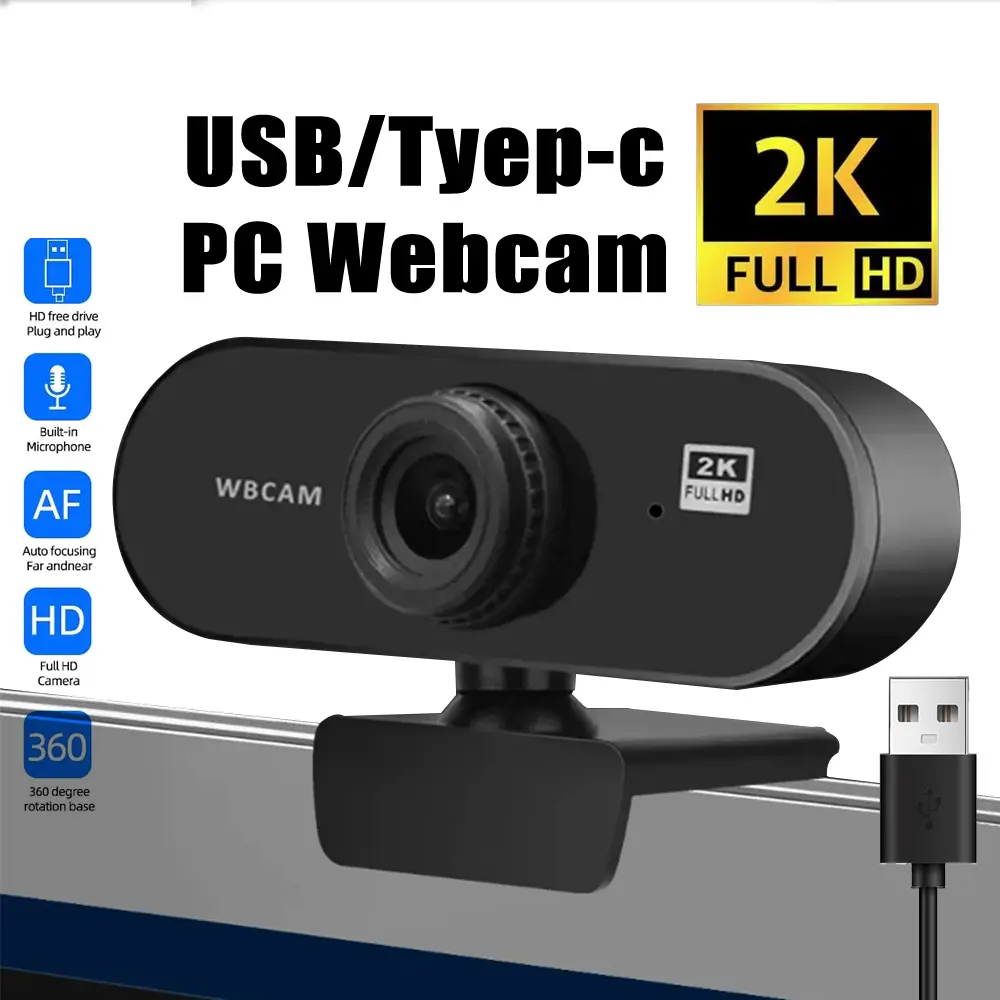 2K เว็บแคมHD Auto Focus ในตัวกล้องเว็บสำหรับคอมพิวเตอร์พีซีแล็ปท็อปวิดีโอการประชุมคลาสเว็บแคมพ360องศาปรับ