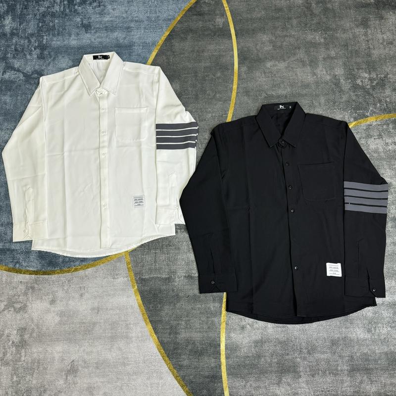 Áo sơ mi nam nữ tay dài phối 4 sọc xám viền tay vải lụa dày dặn thoáng mát Menswear Cổ Tròn Trắng