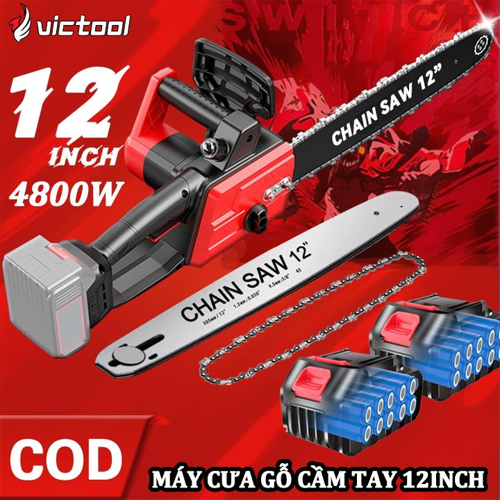 Máy cưa xích pin cầm tay Victool 12inch, 21V, động cơ không chổi than kim  khí