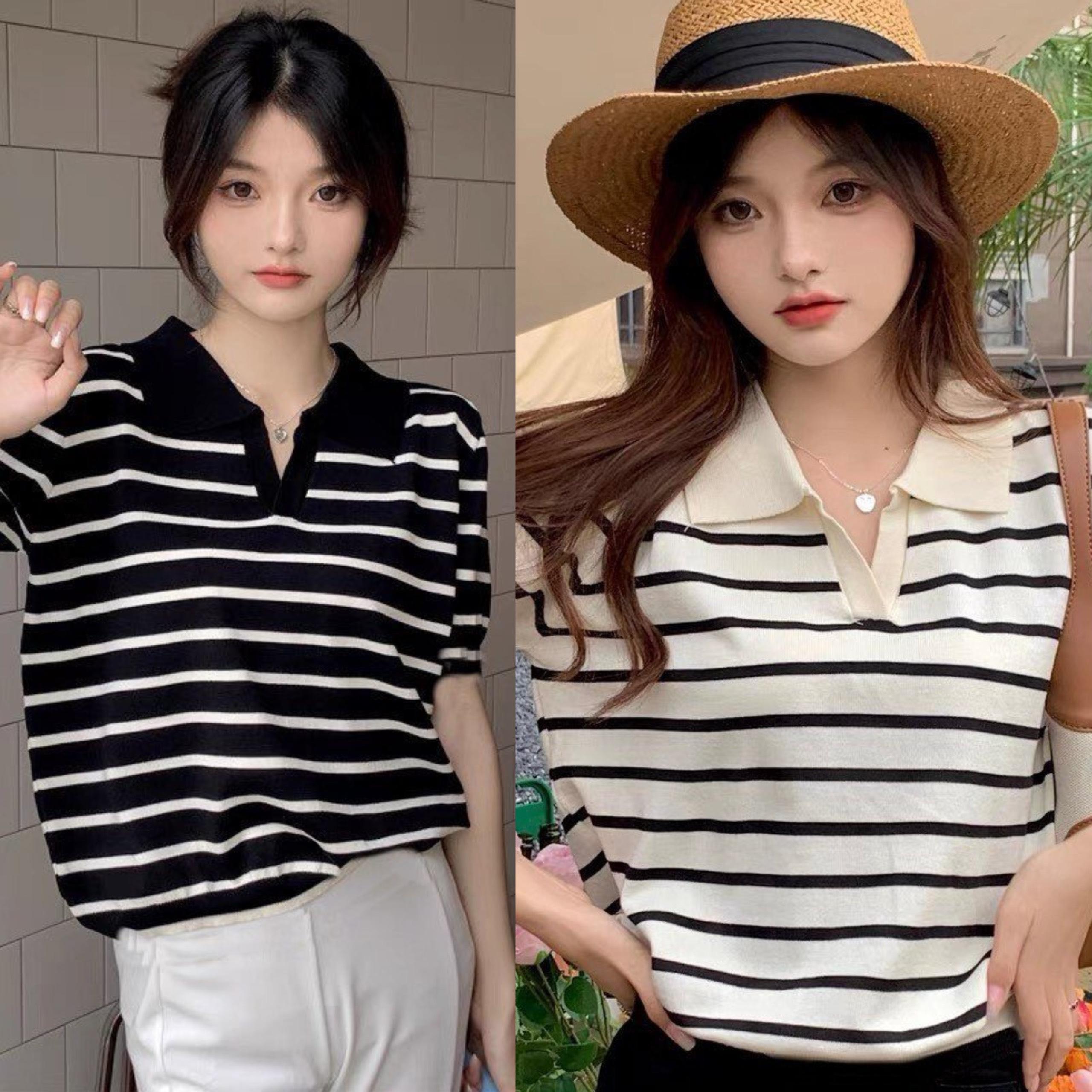 Thời Trang Bigsize Áo Thun Vải Thun Tăm  50 - 100Kg Dễ Thương Top Nữ Sơ Mi Cổ Tròn Women Sọc Kẻ - A.1192