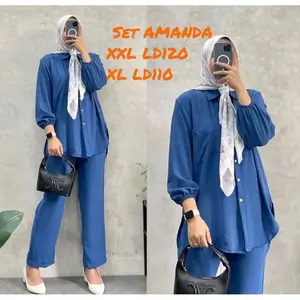 Amanda One Set Premium LD120 Setelan Crinkle Airflow Atasan Celana Muslim Wanita Kancing Karet Panjang Nyaman Dewasa Tunik