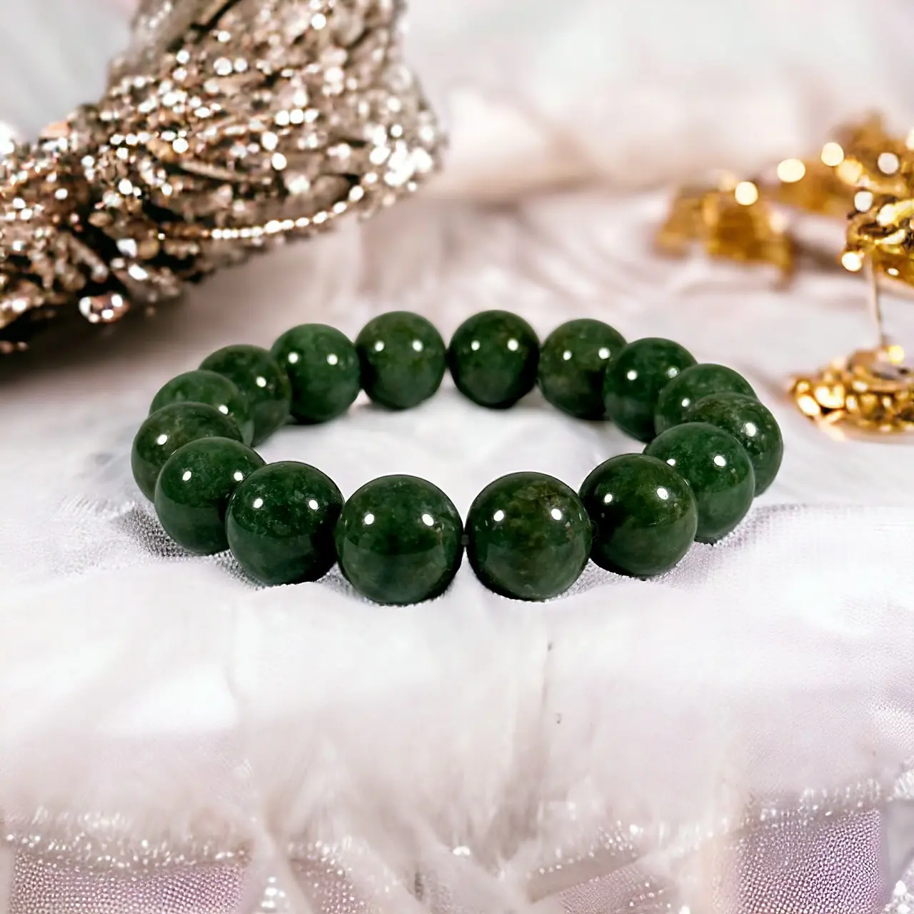 สร้อยแขน สร้อยข้อมือ กำไล หยกเขียว ขนาดลูกปัด 13 mm ไซส์ 13-18 cm