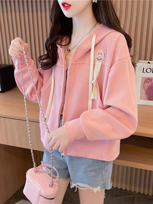 ÁO KHOÁC NỈ THUÊ HÌNH MẶT CƯỜI PHỐI KIỂU DÂY THÒNG LẠ LÙNG XINH XẮN Nữ Women Top Hoodie Có Túi Nâu 3