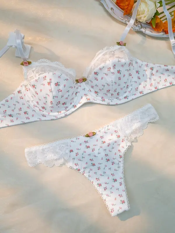 Women's Ditsy Floral Print Contrast Lace Bra & Panty Set, Floral Decor Adjustable Strap Bra & Knicker, Summer Wear 2024, Summer Clothes Women, Ladies Lingerie Set Valentine's Day, Underwear for Women 3