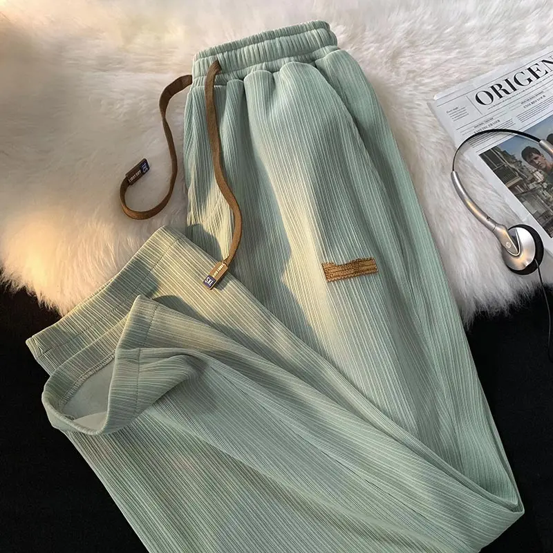 Breathable Cool Feeling Ice Silk Pants Men And Women Menswear Summer Thin Draped Pants Casual Korean Style Trendy Loose All-Matching Straight Pants Deep Pocket Cargo Short Parachute Trouser Human Beige Plain Lingerie SS24