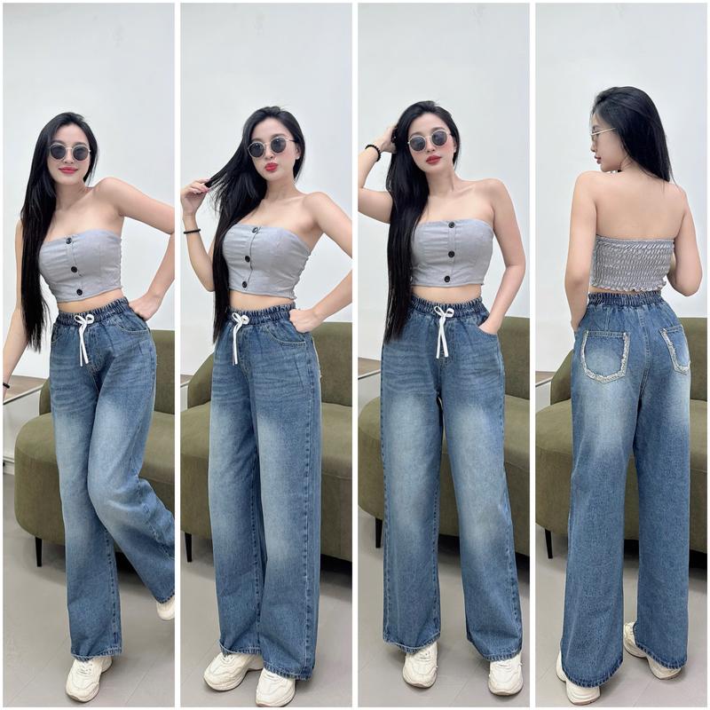 [lưng thun-111A] (bigsize) Quần Jeans Nữ Ống Suông big size không Rách Cotton nhà RU BY Women Pants Ong unisex quần jean Kem bò